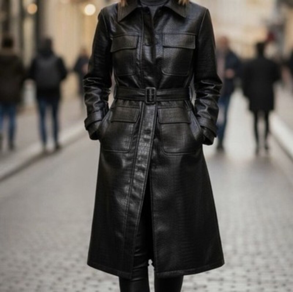 Women's Jason Wu Black Croc Embossed Faux Leather Long Trench Coat L Edgy Jacket